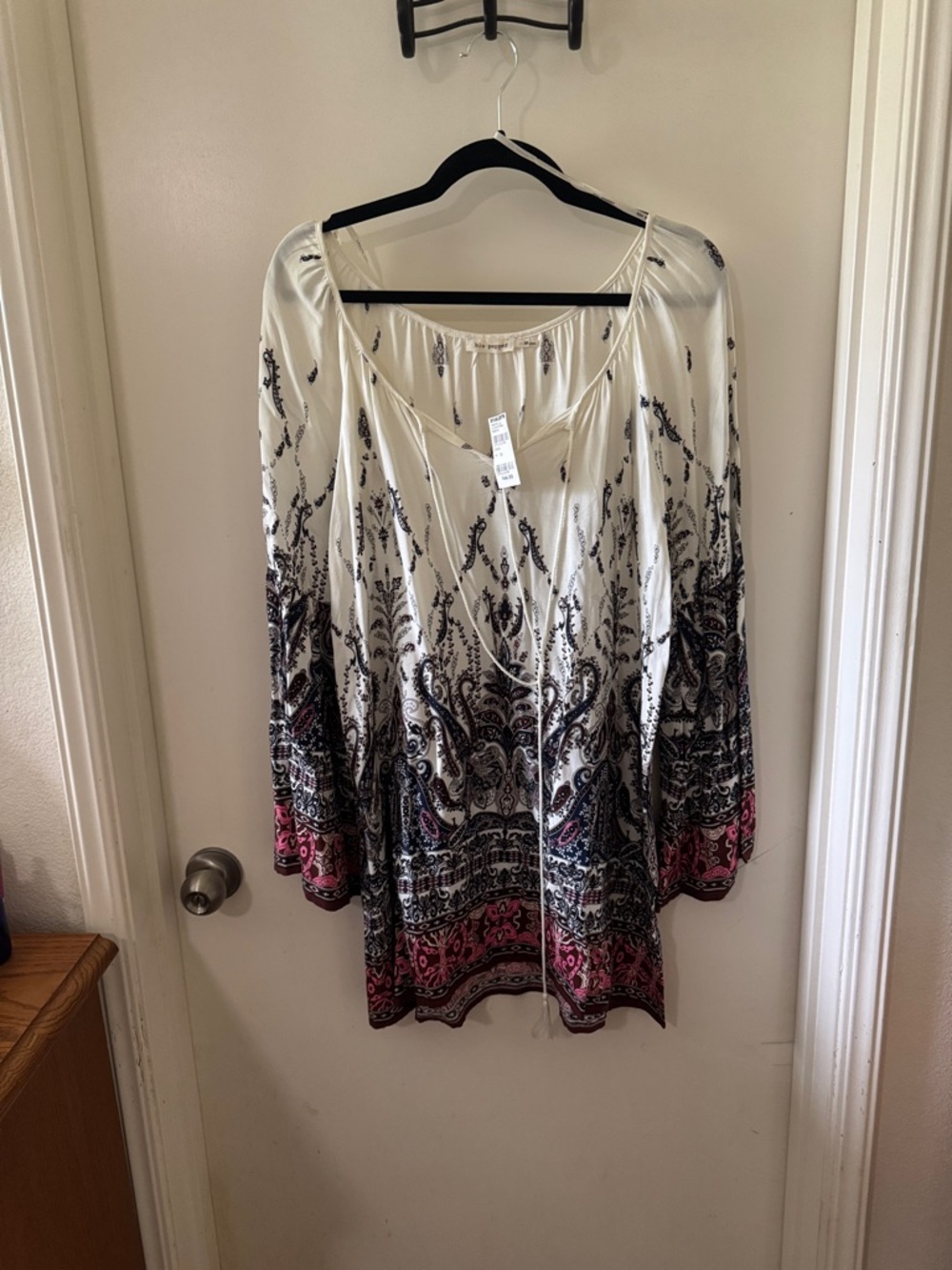 Blu Pepper Cream Boho Tunic with Black Paisley and Pink Border size M